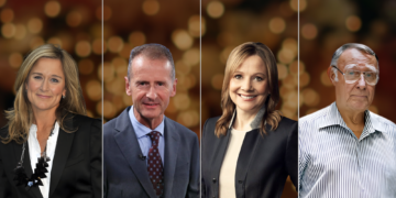 从左至右为：Apple 前零售与线上商店高级副总裁安格拉·阿伦茨（图：Britannica Money）、大众汽车集团前执行长赫伯特·迪斯（图：Fortune）、通用汽车首席执行官玛丽·巴拉（图：Insidertrades）、宜家家居创始人英瓦尔·坎普拉德（图：IKEA）