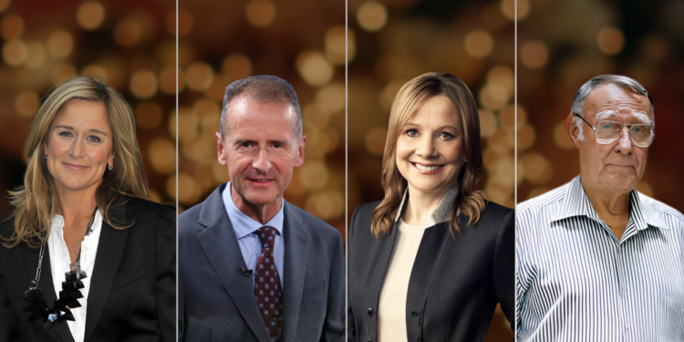 从左至右为：Apple 前零售与线上商店高级副总裁安格拉·阿伦茨（图：Britannica Money）、大众汽车集团前执行长赫伯特·迪斯（图：Fortune）、通用汽车首席执行官玛丽·巴拉（图：Insidertrades）、宜家家居创始人英瓦尔·坎普拉德（图：IKEA）