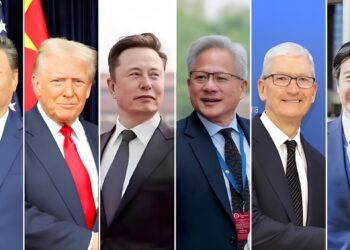 从左至右：习近平、特朗普、马斯克、黄仁勋、库克、雷军 （图：中华人民共和国外交部、中华人民共和国商务部、埃隆·马斯克 X、路透社、雷军微博）