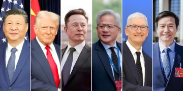 从左至右：习近平、特朗普、马斯克、黄仁勋、库克、雷军 （图：中华人民共和国外交部、中华人民共和国商务部、埃隆·马斯克 X、路透社、雷军微博）